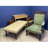 Cream upholstered stool, on turned mahogany legs, for restoration (1 leg off & wood wormed) and a