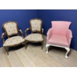 Pair of French open arm chairs, and a pink upholstered arm chair, and another painted Victorian