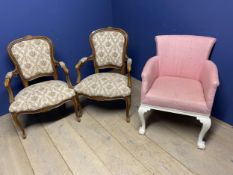 Pair of French open arm chairs, and a pink upholstered arm chair, and another painted Victorian