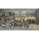Quantity of flatware, various spoons, knives, forks, napkin ring etc, all as found