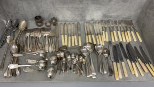 Quantity of flatware, various spoons, knives, forks, napkin ring etc, all as found
