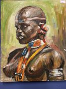 Oil on canvas, unframed, portrait of a tribal colourful costumed woman, signed indistinctly lower