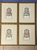 Set of four framed and glazed prints painted and upholstered armchairs 20 x 15 Provenance, consigned