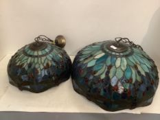 Two decorative Tiffany style lamps, in greens and turquoise colours, the larger, approx 50 cm diam ,
