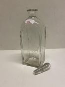 C19th glass decanter and stopper, oblong base, etched romantic scenes to both sides of lady on a