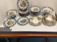 Quantity of decorative "Sevres blue" porcelain plates and comports, turquoise and gilding with h