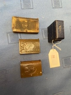 Three early plastic vesta cases and a leather band example (4)