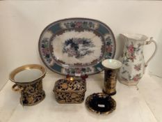 Quantity of china to include a large meat platter, large floral washbowl; and a good blue and gilded