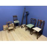 A quantity of antique chairs and two mahogany reeded columned torchers (one damaged)