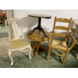 Two circular pedestal occasional tables and a painted bedroom chair and a rush seated ladder back
