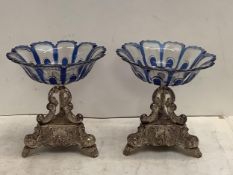 Pair of Russian white metal comports with Russian art glass with blue flash applied later