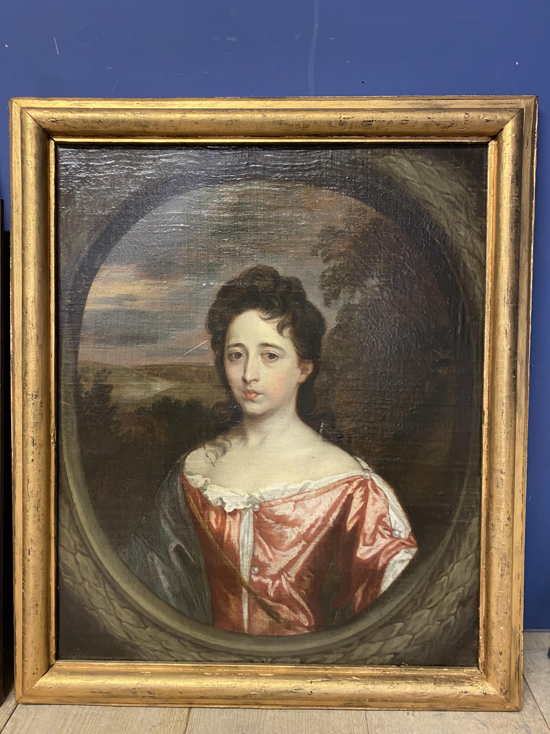 Oil on Canvas, portrait of a lady painted in an in oval mount, and set in gilt square frame, some - Image 3 of 3