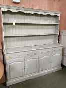 A light green painted pine kitchen dresser 183cm wide x 192cm high & A teak style cupboard on stand,