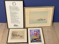 E TUFNELL, watercolour, HMS Quail, 3/9/43; a hunting print, and a poem about logs print, and Bu-Bu