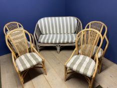 Set of 4 cane arm chairs, and a similar painted two seater settee 130x68x87 cm all with loose
