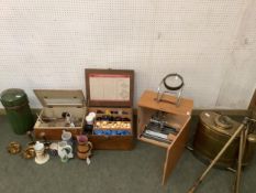 A quantity of scientific, military related and vintage items including: wooden boxed microscope (