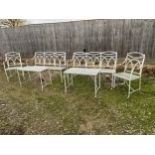 A good painted metal garden furniture set of 2 benches, 2 arm chairs and 2 tables, in used