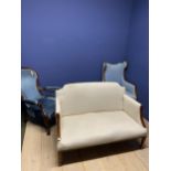 Edwardian square framed chair with blue upholstery, a Victorian show framed fireside chair in blue