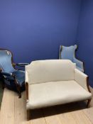 Edwardian square framed chair with blue upholstery, a Victorian show framed fireside chair in blue