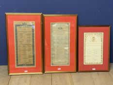 Three framed and glazed original menus, including the original menu for the entertainment for His