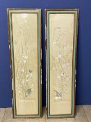 Pair of framed and glazed decorative Chinese silk panels, depicting birds and fauna, Condition: much