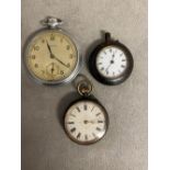 Two silver ladies pocket watches and a gents white metal example & 14ct gold French ladies pocket