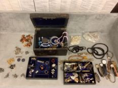 Quantity of costume jewellery and a jewellery box by Morton & Bower. London, box very worn, as found