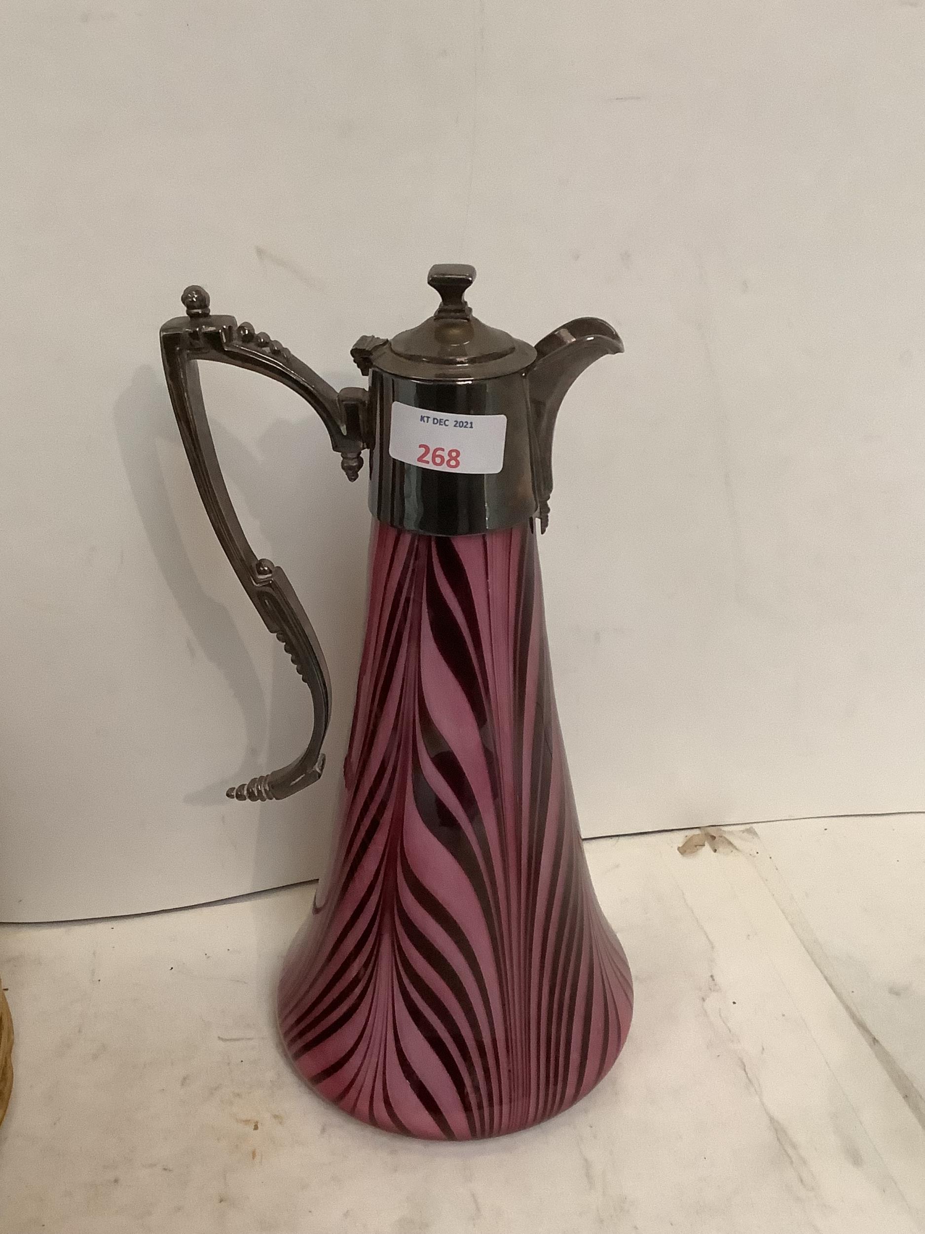 An interesting patterned purple glass slender shaped claret jug with silver plate collar and top, - Image 4 of 10