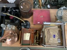 Mixed collectables lot, brass kettle, His Masters Voice Gramophone and vintage discs, pair glass