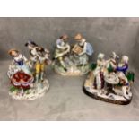 A Dresden figure group of a lady and gentleman with bird cage and 2 other figure groups , some