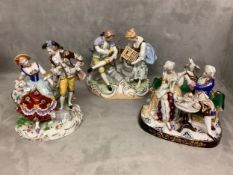 A Dresden figure group of a lady and gentleman with bird cage and 2 other figure groups , some