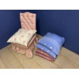 Small bedroom chair, upholstered and button backed in pink fabric and silk cushions. In used