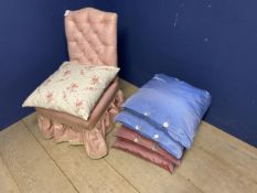 Small bedroom chair, upholstered and button backed in pink fabric and silk cushions. In used