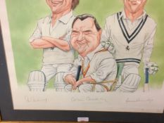 Framed and glazed cartoon sketch of 3 cricketing characters, signatures signed in pencil on mount