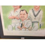 Framed and glazed cartoon sketch of 3 cricketing characters, signatures signed in pencil on mount