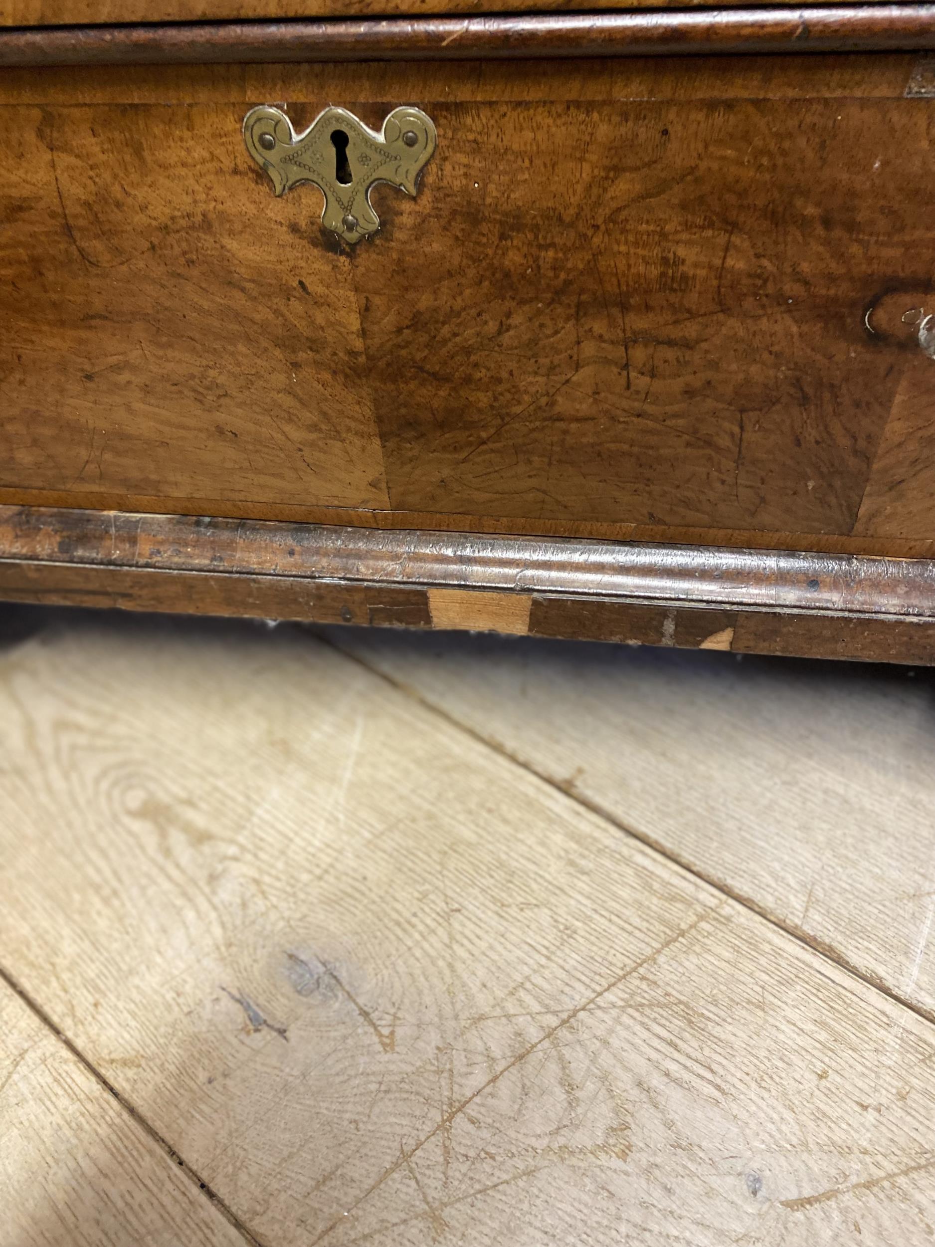 A George III feather banded walnut chest of 2 short over 3 long drawers, with an oak top, for - Image 4 of 12