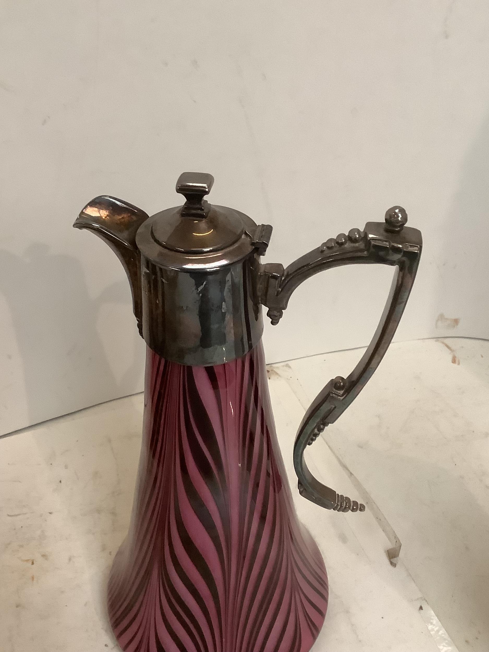 An interesting patterned purple glass slender shaped claret jug with silver plate collar and top, - Image 5 of 10