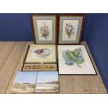 Six framed and glazed prints, including flowers, coastal scenes and Pigeons. Provenance, consigned