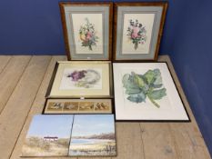 Six framed and glazed prints, including flowers, coastal scenes and Pigeons. Provenance, consigned