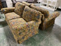 Pair of two seater, upholstered sofas, in Arts & Crafts Style floral fabric, consigned from a good