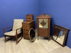 Parker Knoll rocking chair, 2 wall mirrors, mirrored front cabinet with shelves, and a single