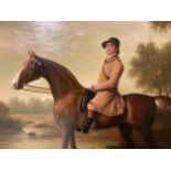 Modern C18th style, large oil on canvas, of a Gentleman on his horse in wooded landscape, in gilt