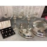 Qty of Silver plate to include a pair of branch candlesticks, lidded dishes & bamboo handled