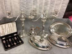 Qty of Silver plate to include a pair of branch candlesticks, lidded dishes & bamboo handled