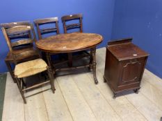 A Victorian walnut oval side table, a pedonium and chairs, all as found