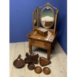 Indian hardwood style occasional table, mirror and wooden bowls etc