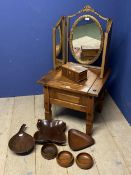 Indian hardwood style occasional table, mirror and wooden bowls etc