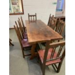 A good contemporary beech refectory table, with large carved outward splayed legs and united by a