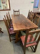 A good contemporary beech refectory table, with large carved outward splayed legs and united by a