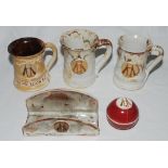 Hambledon C.C. cricket tankards. Pair of similar earthernware cricket tankards with handles,